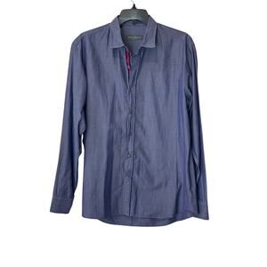 Salvatore Ferragamo Shirt Mens L Blue Chambray Cotton Button Up Striped -Hole